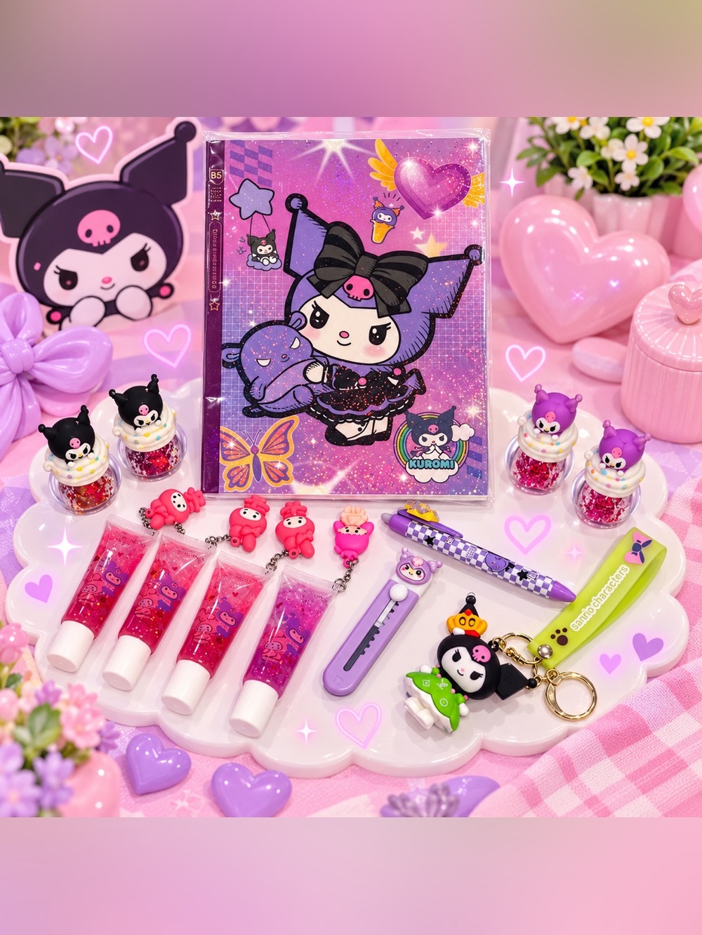 💜 Sanrio Kuromi Kawaii Stationery, Lip Gloss & Accessories Bundle